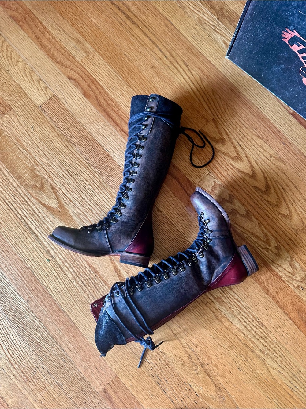 freebird Two-Tone Lace-Up Knee Boots in Brown & Burgundy